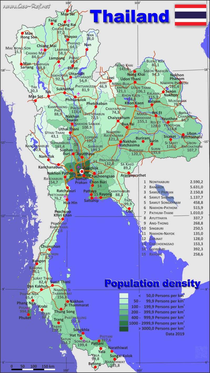 Mapa Tailandia División administrativa - Densidad de población 2019