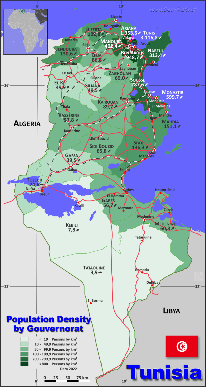 Mapa Túnez División administrativa - Densidad de población 2022