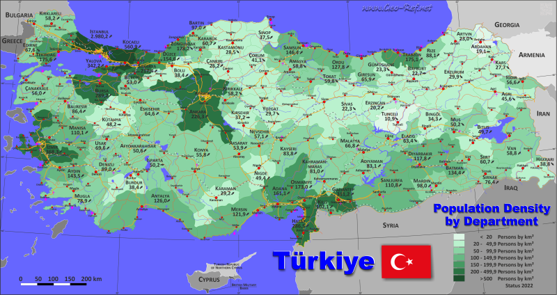 Karte Türkei - Verwaltungsstruktur - Bevölkerungsdichte 2022