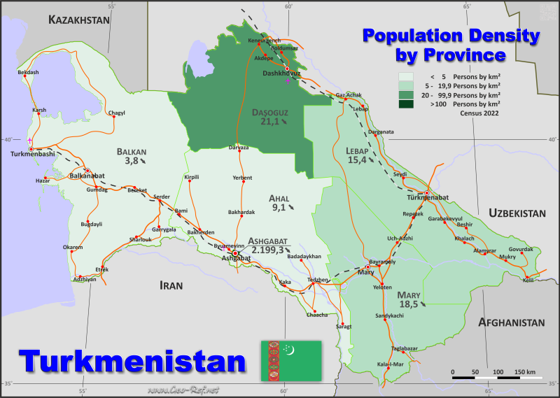 Mapa Turkmenistán División administrativa - Densidad de población 2020