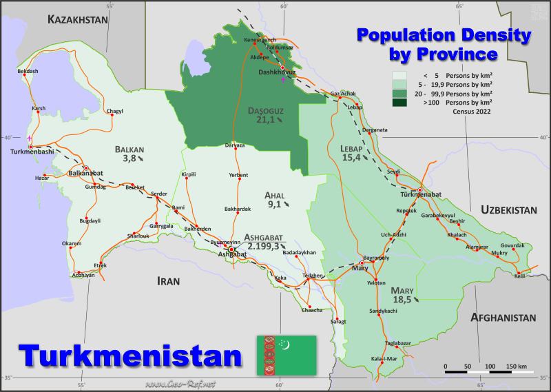 Mapa Turkmenistn Divisin administrativa - Densidad de población 2020