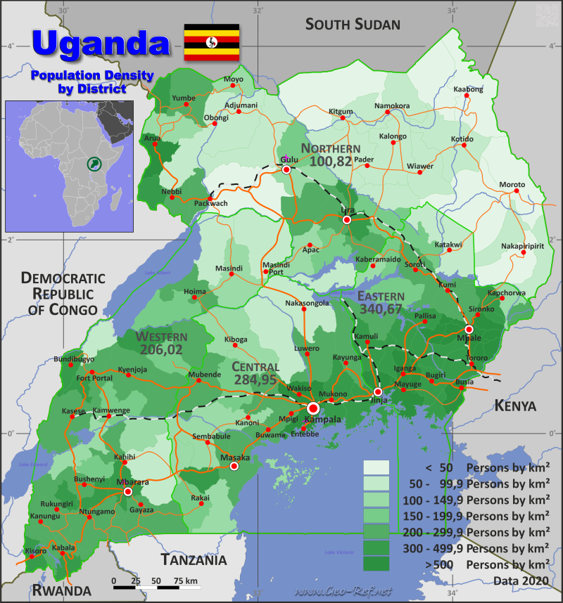 Mapa Uganda División administrativa - Densidad de población 2020