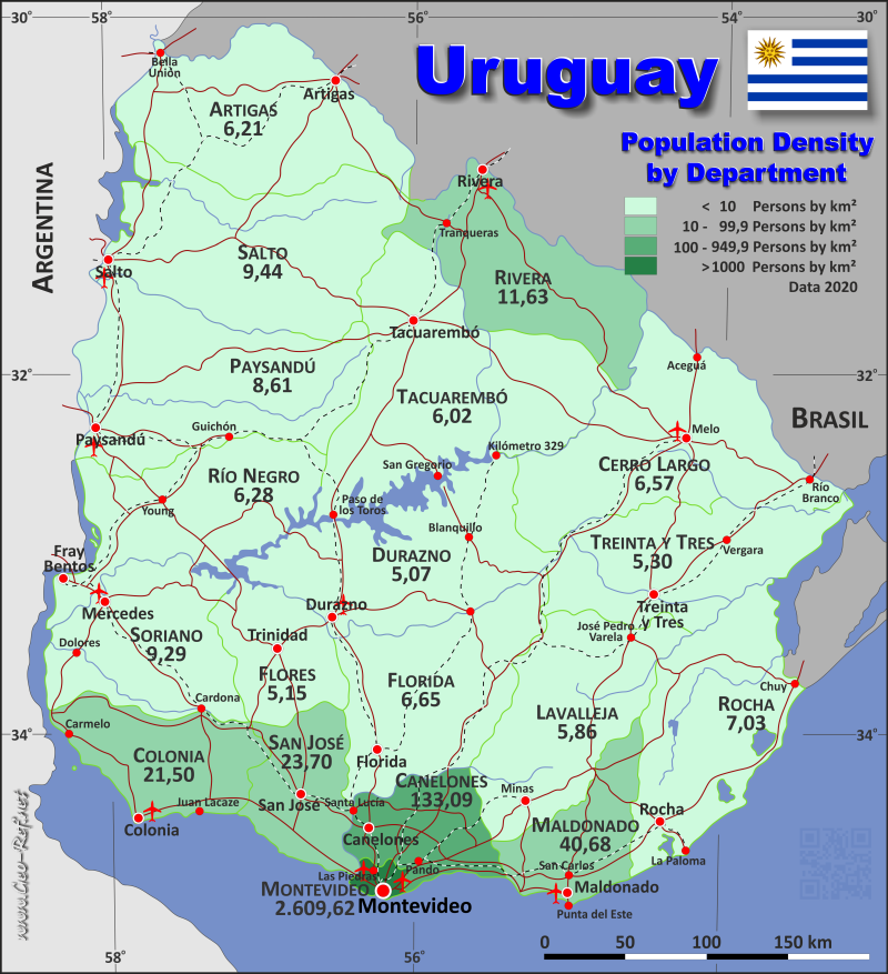 Mapa Uruguay División administrativa - Densidad de población 2020