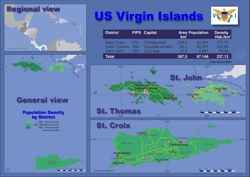 Mapa Islas Vírgenes de los EEUU División administrativa - Densidad de población 2021