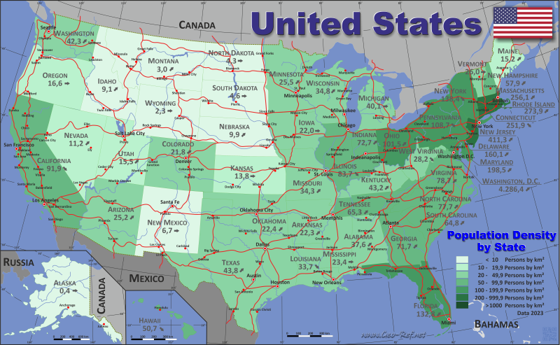 Mapa EEUU División administrativa - Densidad de población 2021