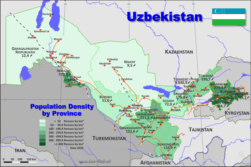 Mapa Uzbekistán División administrativa - Densidad de población 2020