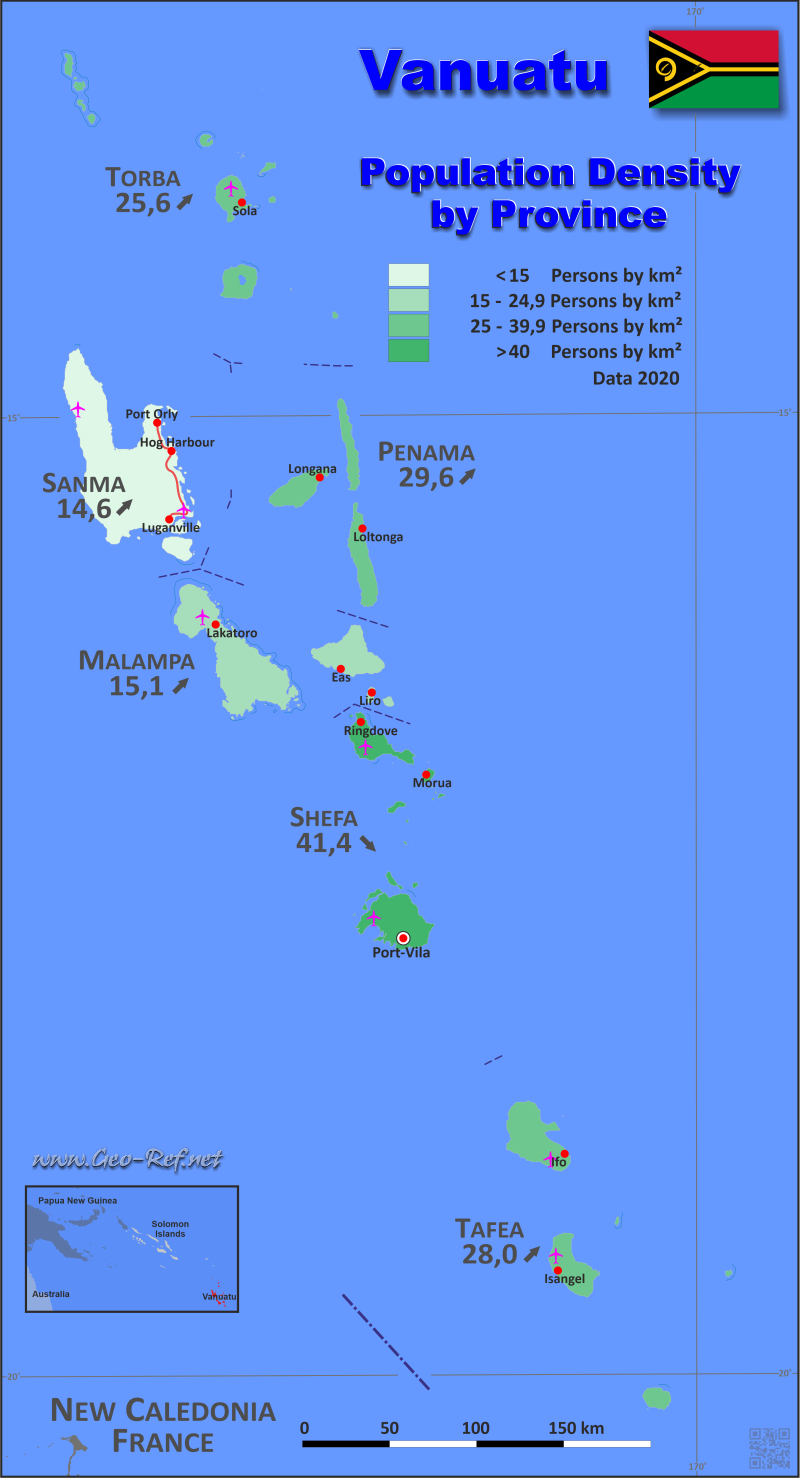 Mapa Vanuatu División administrativa - Densidad de población 2020