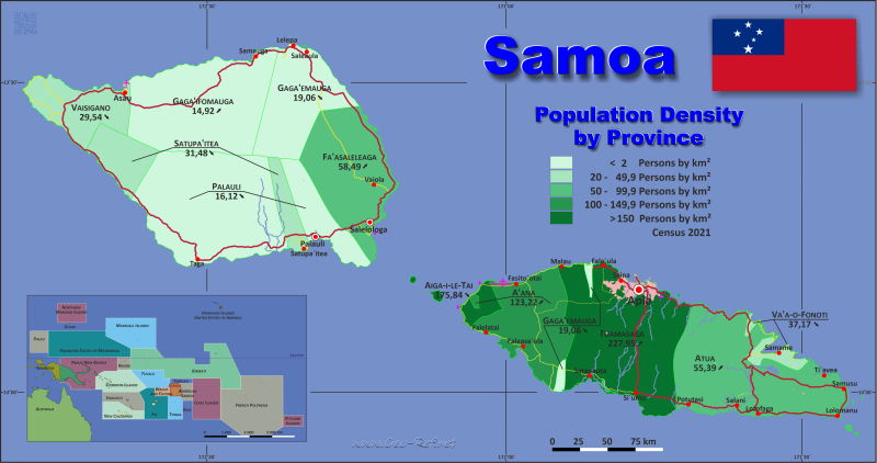 Mapa Samoa División administrativa - Densidad de población 2021