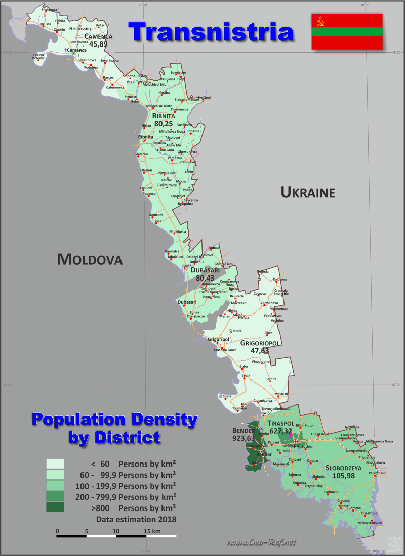 Mapa Transnistria División administrativa - Densidad de población 2018