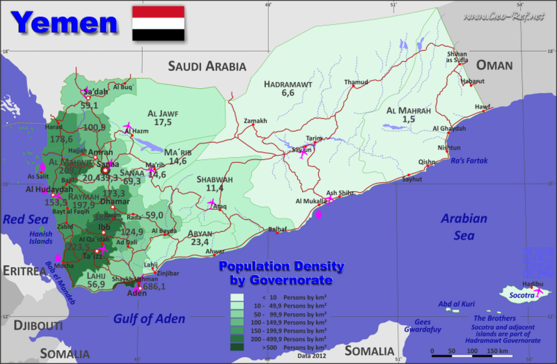 Mapa Yemen División administrativa - Densidad de población 2021