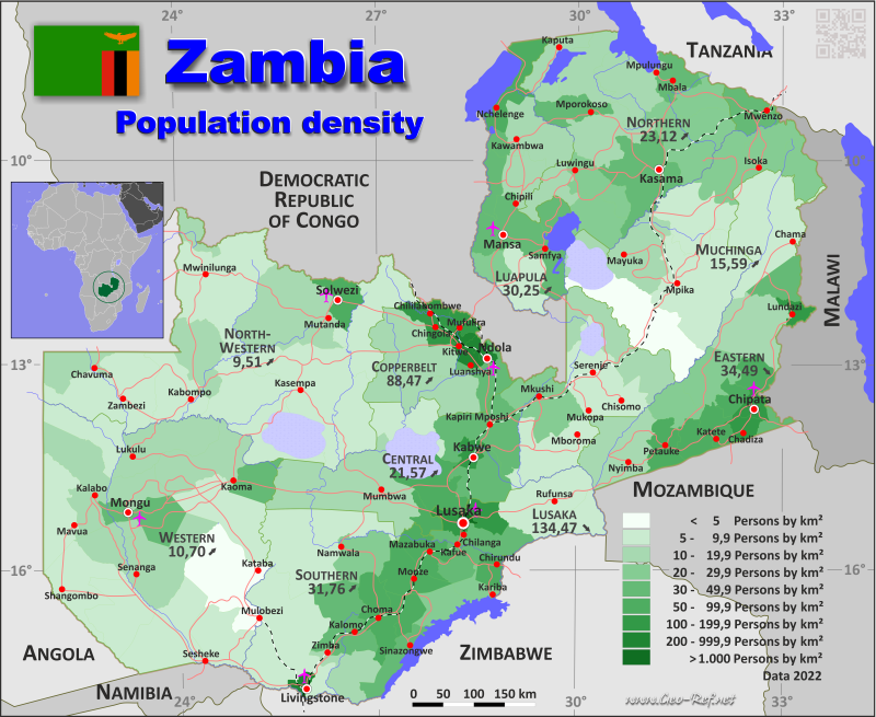 Mapa Zambia División administrativa - Densidad de población 2019